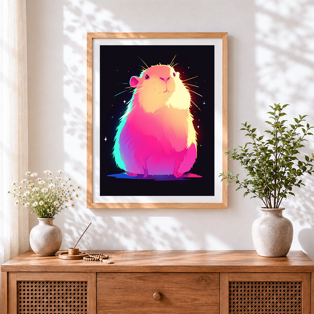 Finished neon glowing guinea pig paint by numbers artwork displayed as home decor