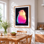 Neon glowing guinea pig paint by numbers artwork displayed on wall as home decor
