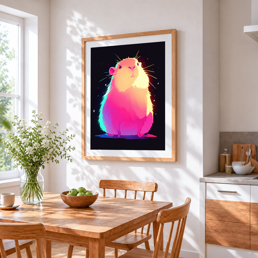 Neon glowing guinea pig paint by numbers artwork displayed on wall as home decor