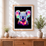 Finished neon glowing koala cross stitch artwork displayed