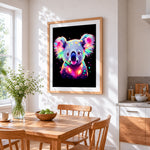 Neon glowing koala cross stitch artwork displayed on wall as home decor
