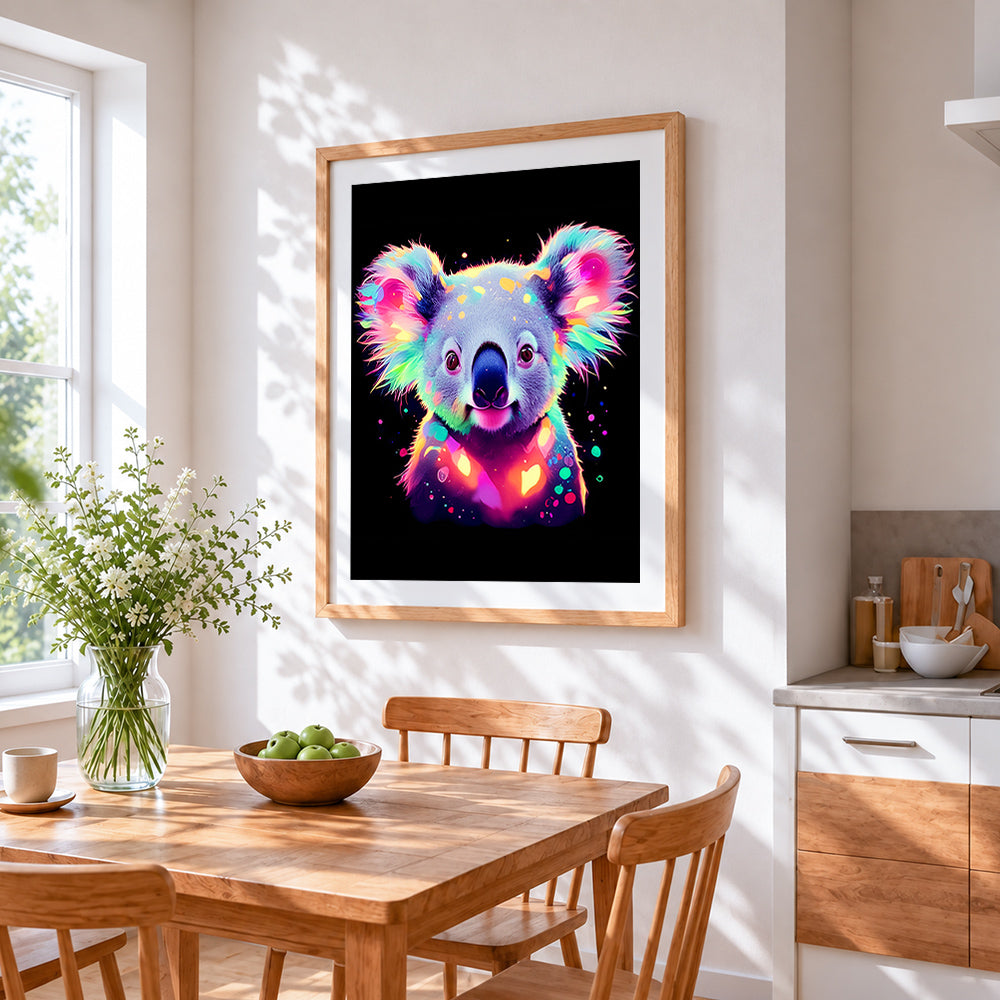 Neon glowing koala cross stitch artwork displayed on wall as home decor