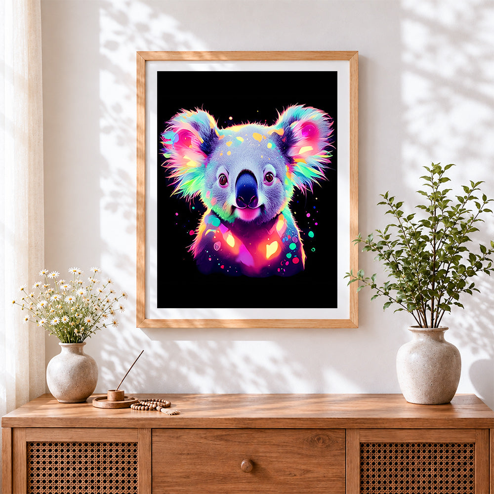 Finished neon glowing koala paint by numbers artwork displayed as home decor