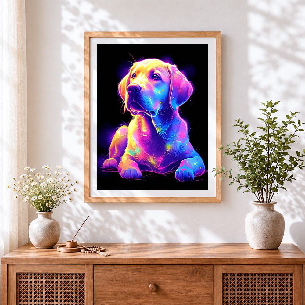 Finished neon glowing labrador puppy paint by numbers artwork displayed as home decor