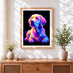 Finished neon glowing labrador puppy paint by numbers artwork displayed as home decor