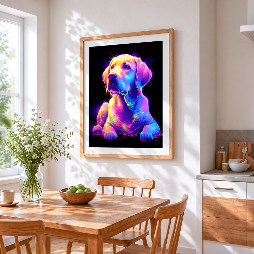Neon glowing labrador puppy paint by numbers artwork displayed on wall as home decor