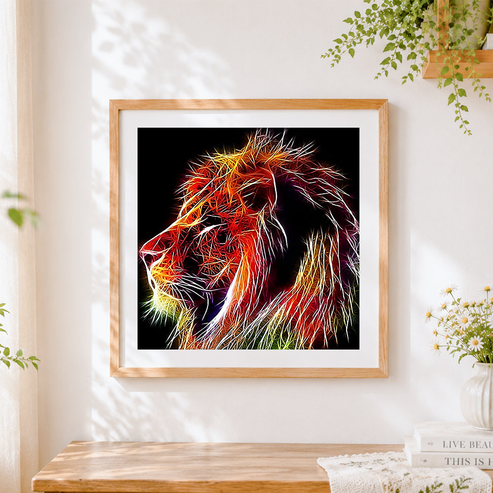 Finished neon glowing lion in the dark cross stitch artwork displayed