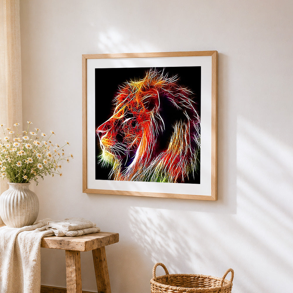 Neon glowing lion in the dark paint by numbers artwork displayed on wall as home decor