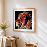 Neon glowing lion in the dark paint by numbers artwork displayed on wall as home decor