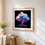 Neon glowing tree of life cross stitch artwork displayed on wall as home decor