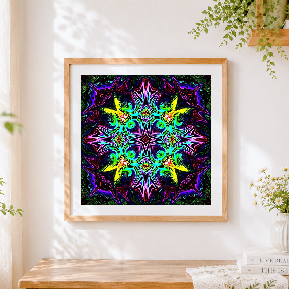 Finished neon green and purple abstract mandala cross stitch artwork displayed