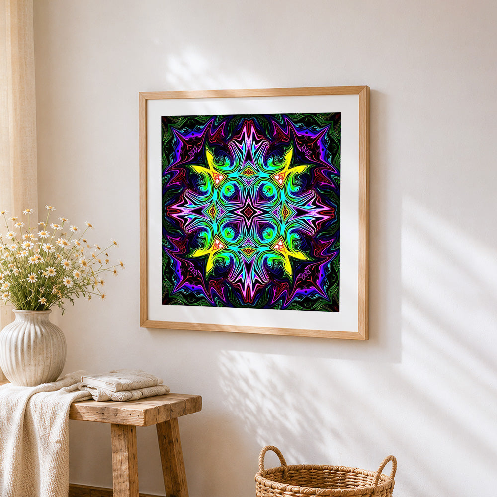 Neon green and purple abstract mandala cross stitch artwork displayed on wall as home decor