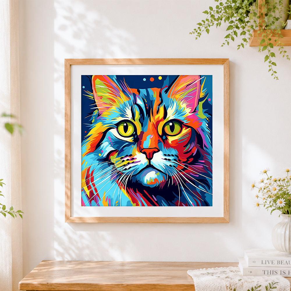 Finished neon grumpy cat pop art cross stitch artwork displayed
