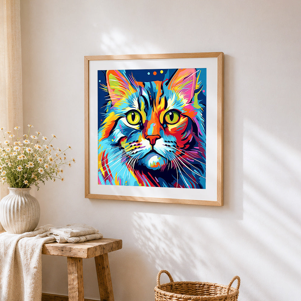 Neon grumpy cat pop art cross stitch artwork displayed on wall as home decor