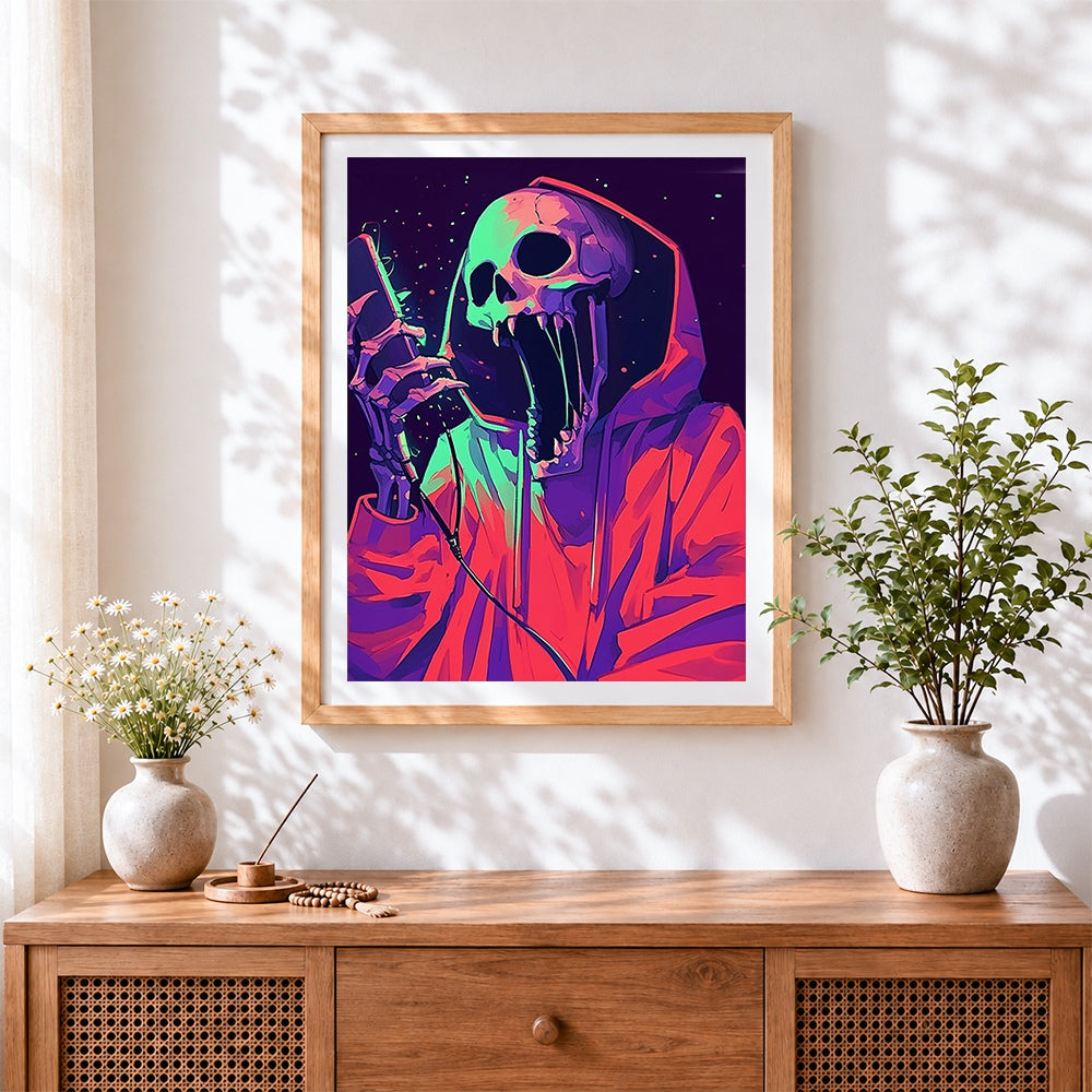 Finished neon hooded skeleton singer cross stitch artwork displayed