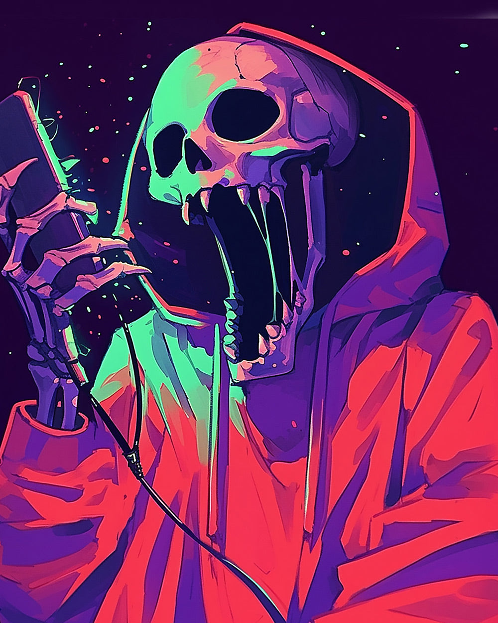 Neon hooded skeleton singer cross stitch kit for beginners