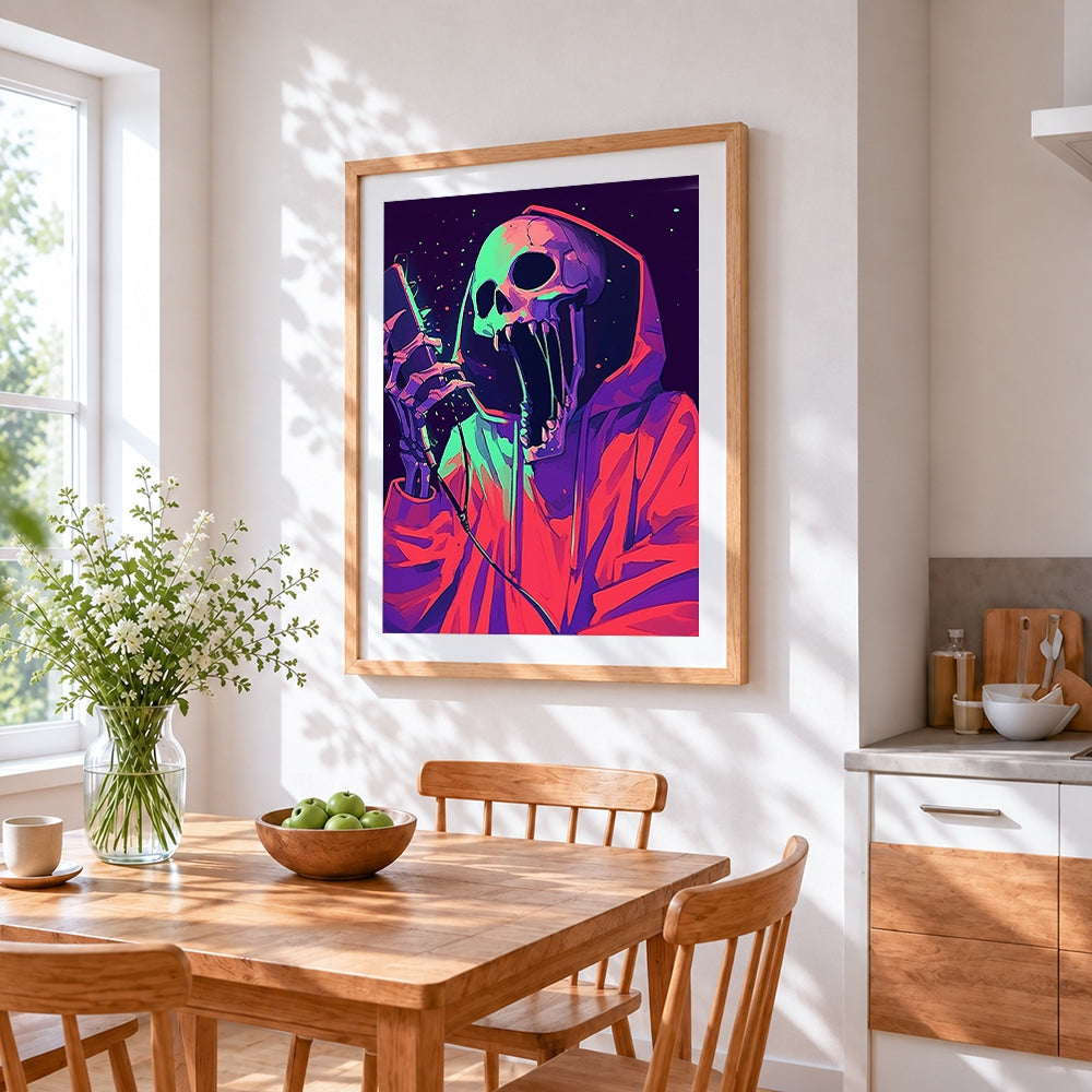 Neon hooded skeleton singer cross stitch artwork displayed on wall as home decor