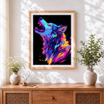 Finished neon howling wolf cross stitch artwork displayed