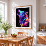Neon howling wolf cross stitch artwork displayed on wall as home decor