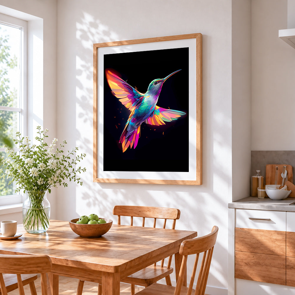 Neon hummingbird in flight cross stitch artwork displayed on wall as home decor