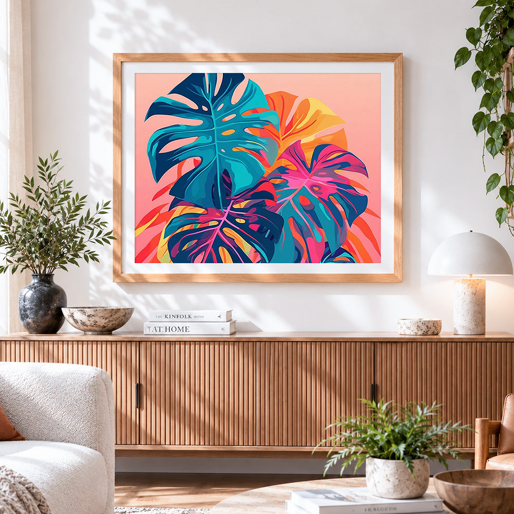 Finished neon monstera leaves cross stitch artwork displayed
