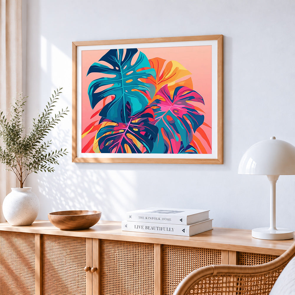 Neon monstera leaves cross stitch artwork displayed on wall as home decor
