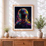Finished neon motorcycle helmet cross stitch artwork displayed