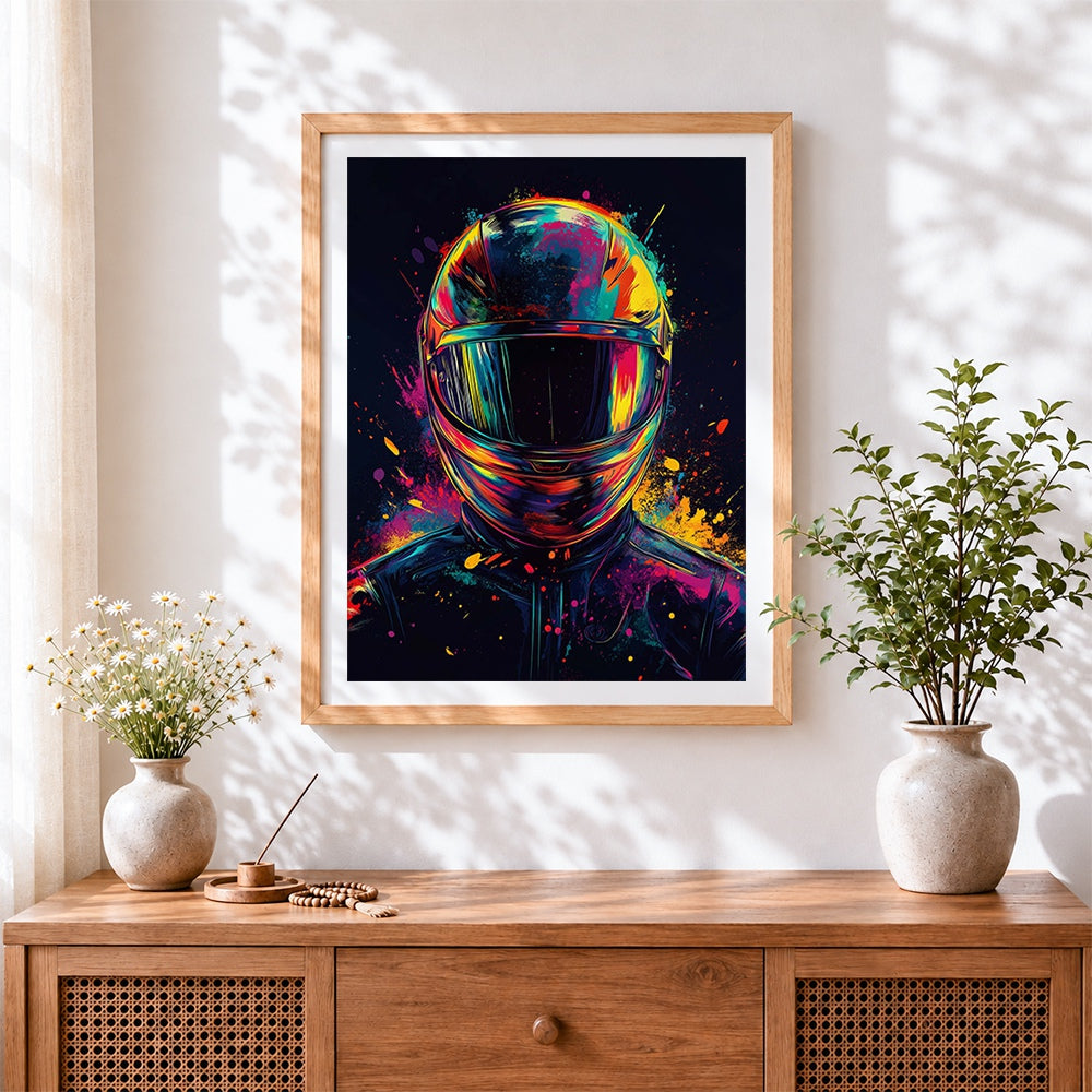 Finished neon motorcycle helmet cross stitch artwork displayed