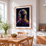 Neon motorcycle helmet cross stitch artwork displayed on wall as home decor