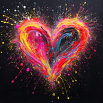 Neon paint splatter heart on black background cross stitch kit for beginners