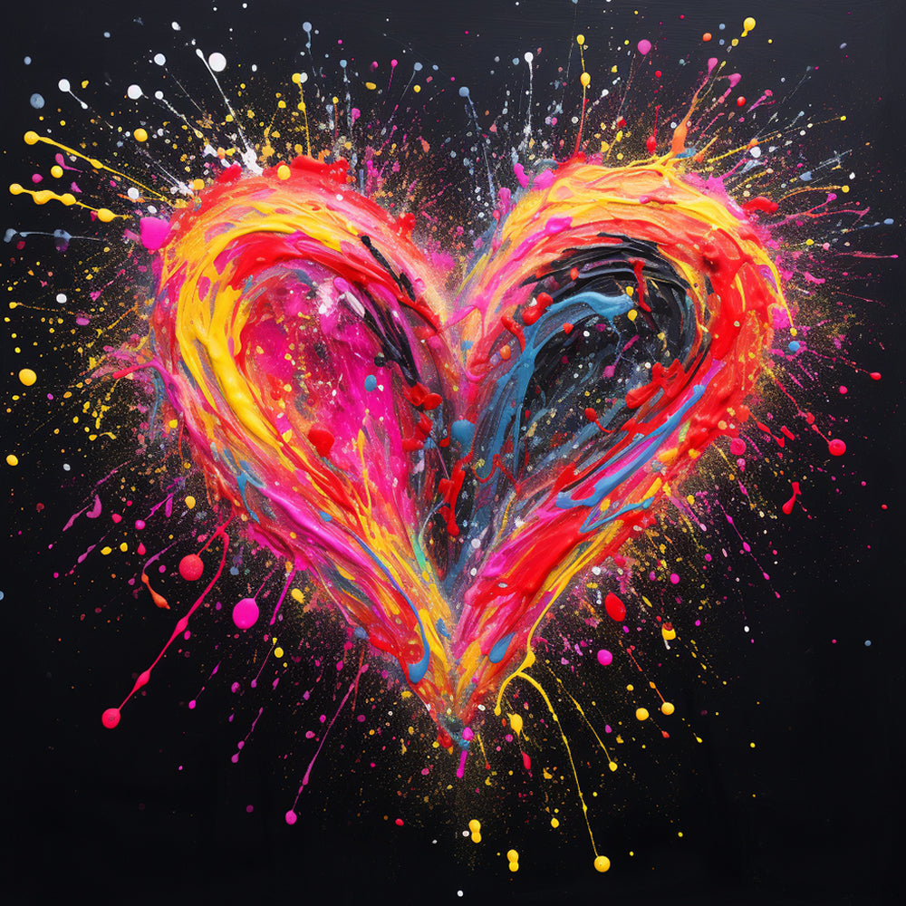Neon paint splatter heart on black background cross stitch kit for beginners