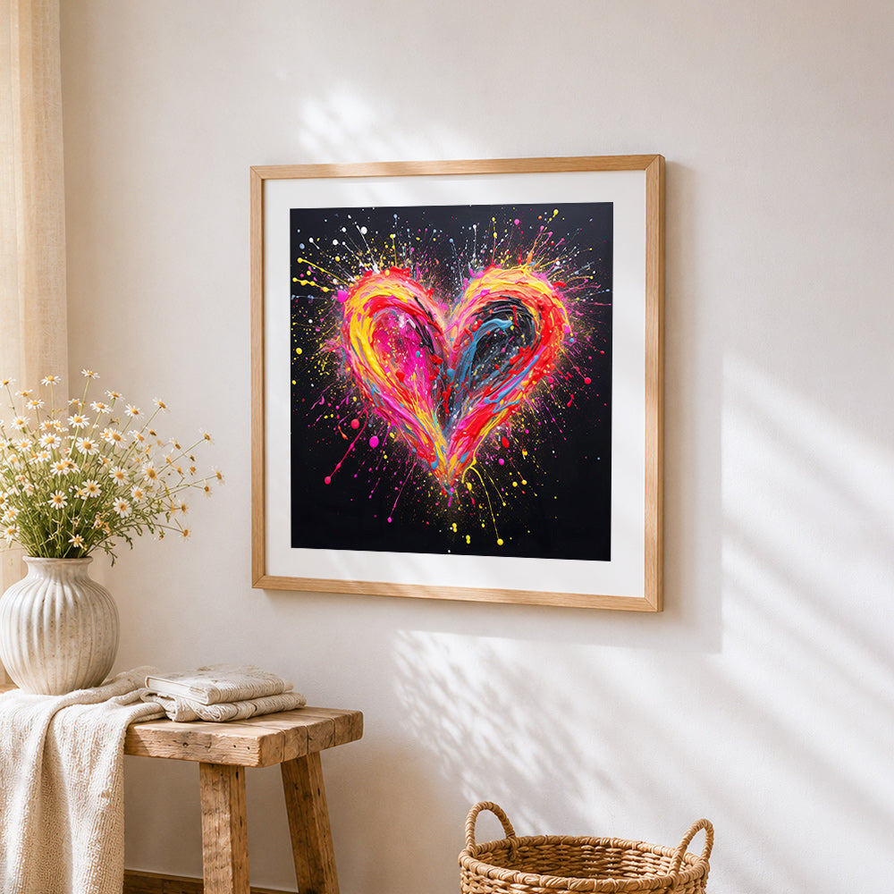 Neon paint splatter heart on black background cross stitch artwork displayed on wall as home decor