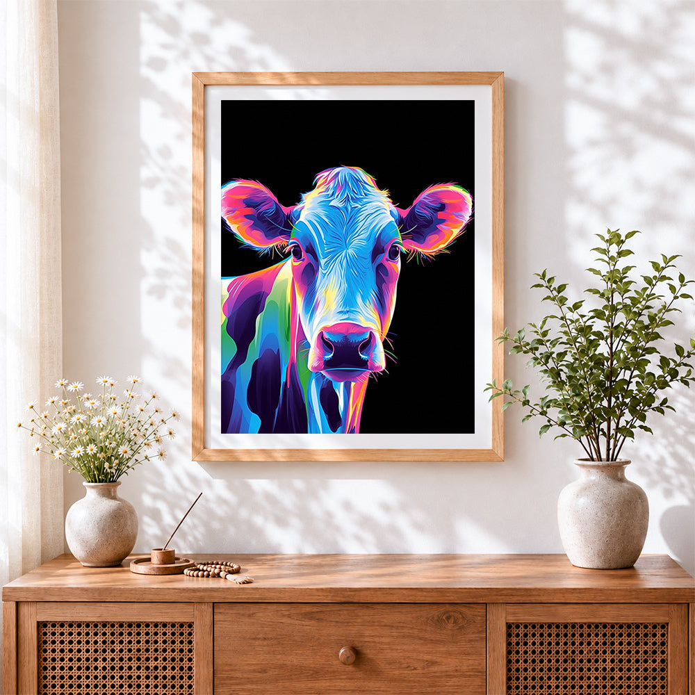 Finished neon pop art cow in the dark cross stitch artwork displayed