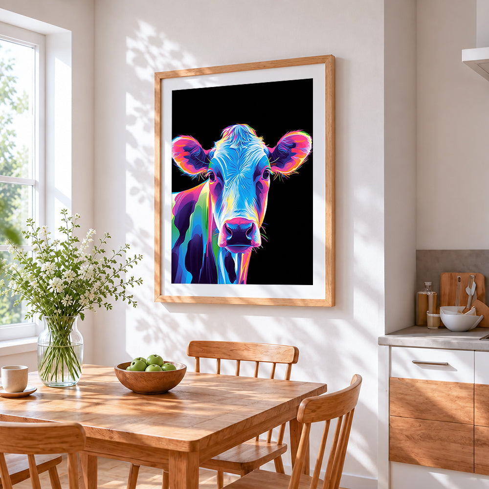 Neon pop art cow in the dark cross stitch artwork displayed on wall as home decor
