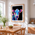 Neon pop art cow in the dark cross stitch artwork displayed on wall as home decor