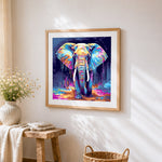 Neon pop art elephant cross stitch artwork displayed on wall as home decor