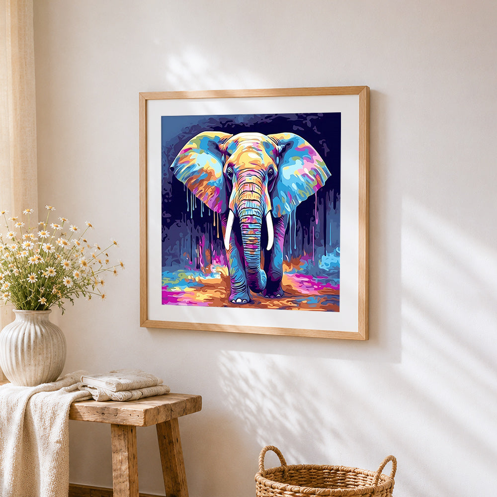 Neon pop art elephant cross stitch artwork displayed on wall as home decor