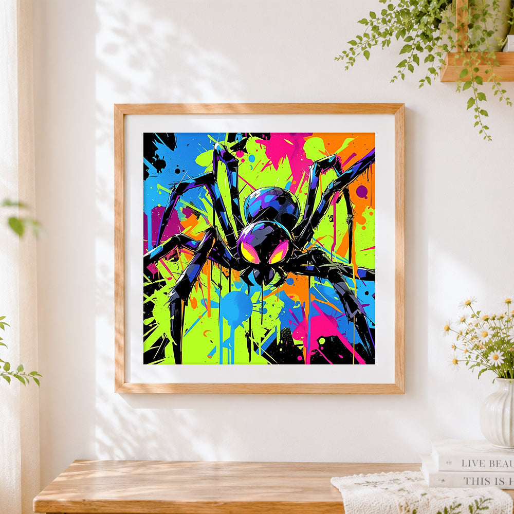 Finished neon pop art spider cross stitch artwork displayed