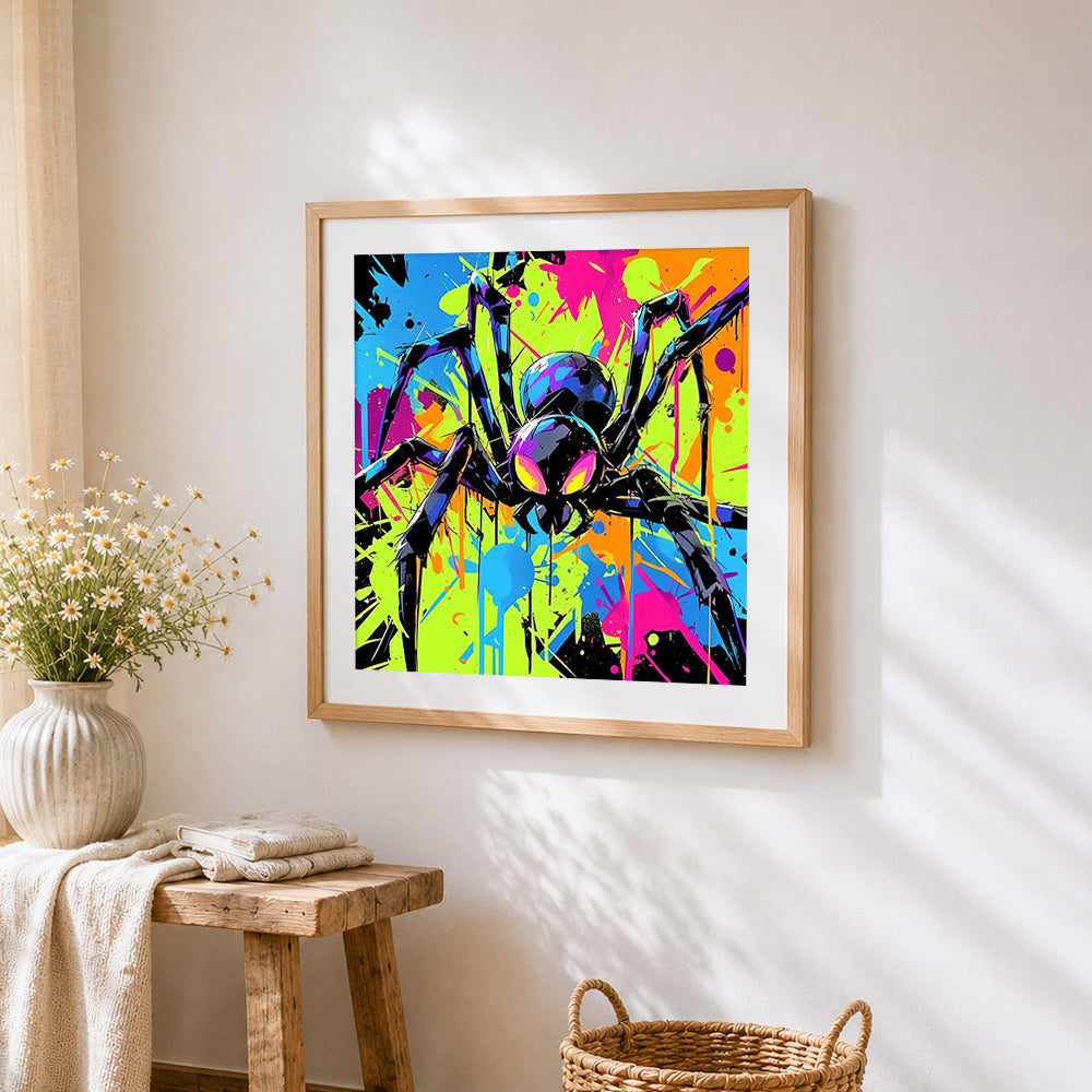 Neon pop art spider cross stitch artwork displayed on wall as home decor
