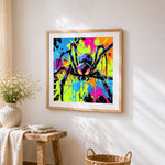 Neon pop art spider cross stitch artwork displayed on wall as home decor