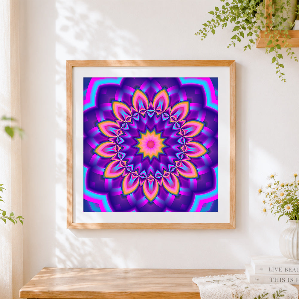 Finished neon purple and pink geometric mandala cross stitch artwork displayed