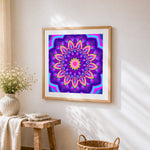 Neon purple and pink geometric mandala cross stitch artwork displayed on wall as home decor