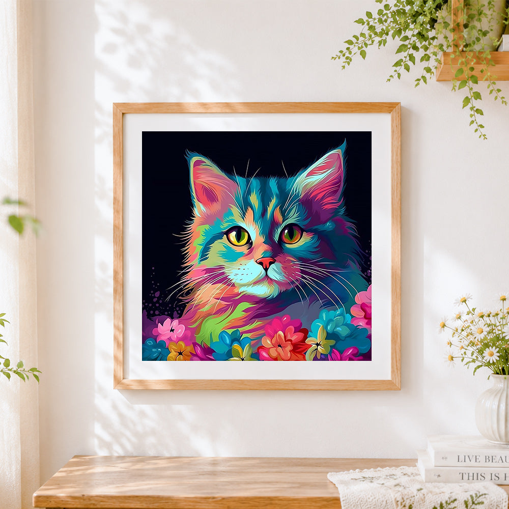 Finished neon rainbow cat and flowers cross stitch artwork displayed