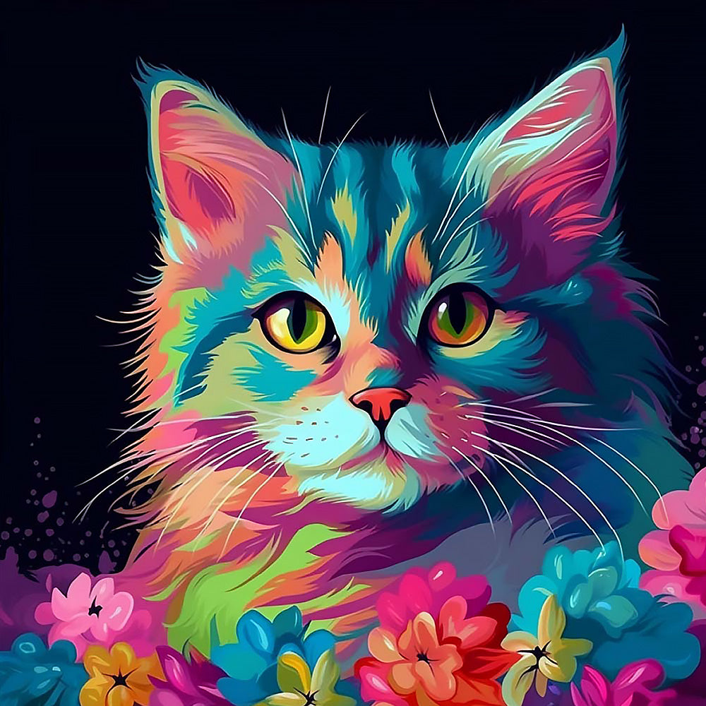 Neon rainbow cat and flowers cross stitch kit for beginners