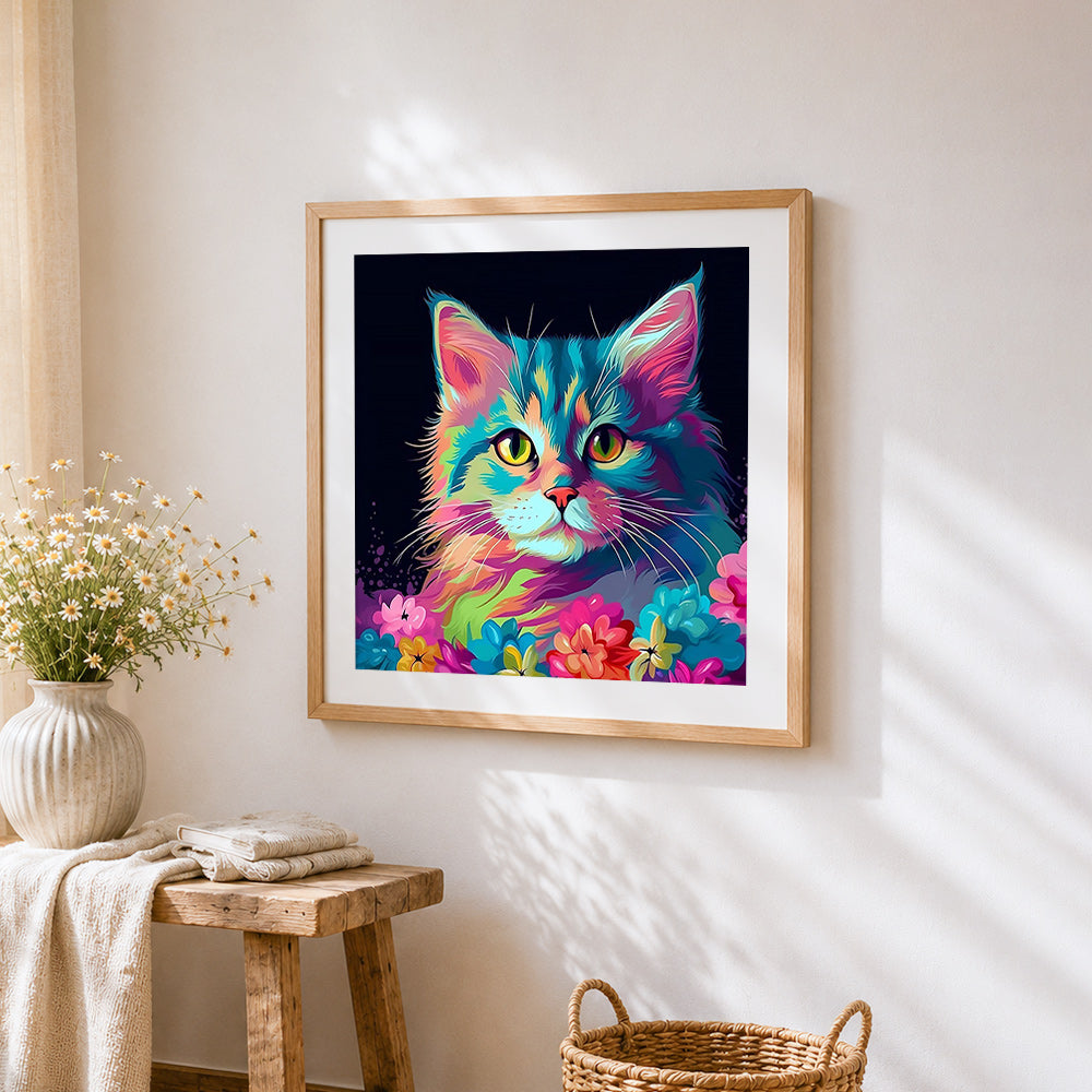 Neon rainbow cat and flowers cross stitch artwork displayed on wall as home decor