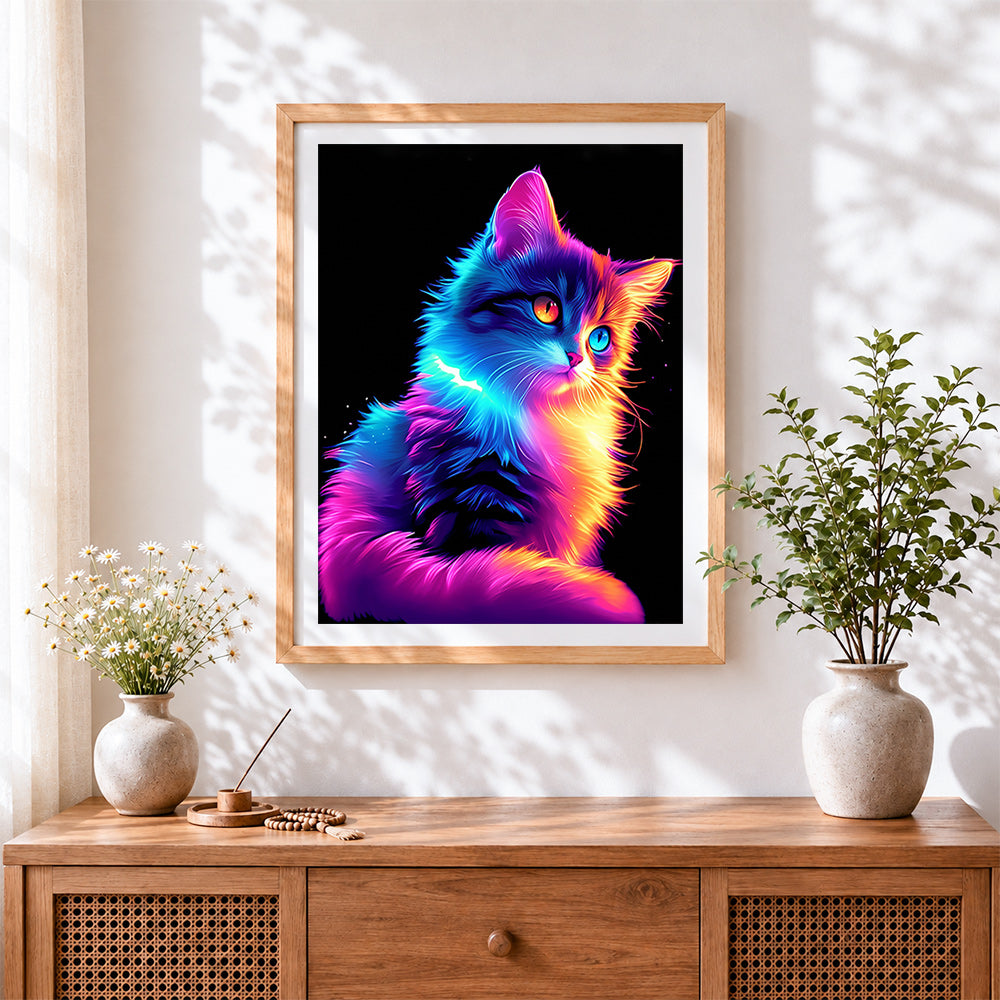 Finished neon rainbow cat in the dark cross stitch artwork displayed
