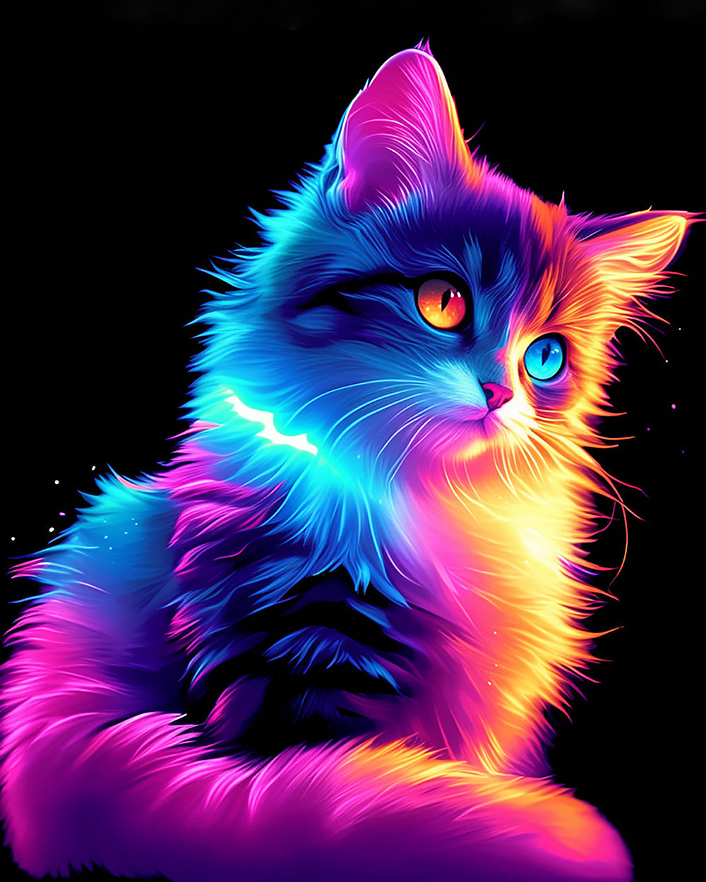 Neon rainbow cat in the dark cross stitch kit for beginners