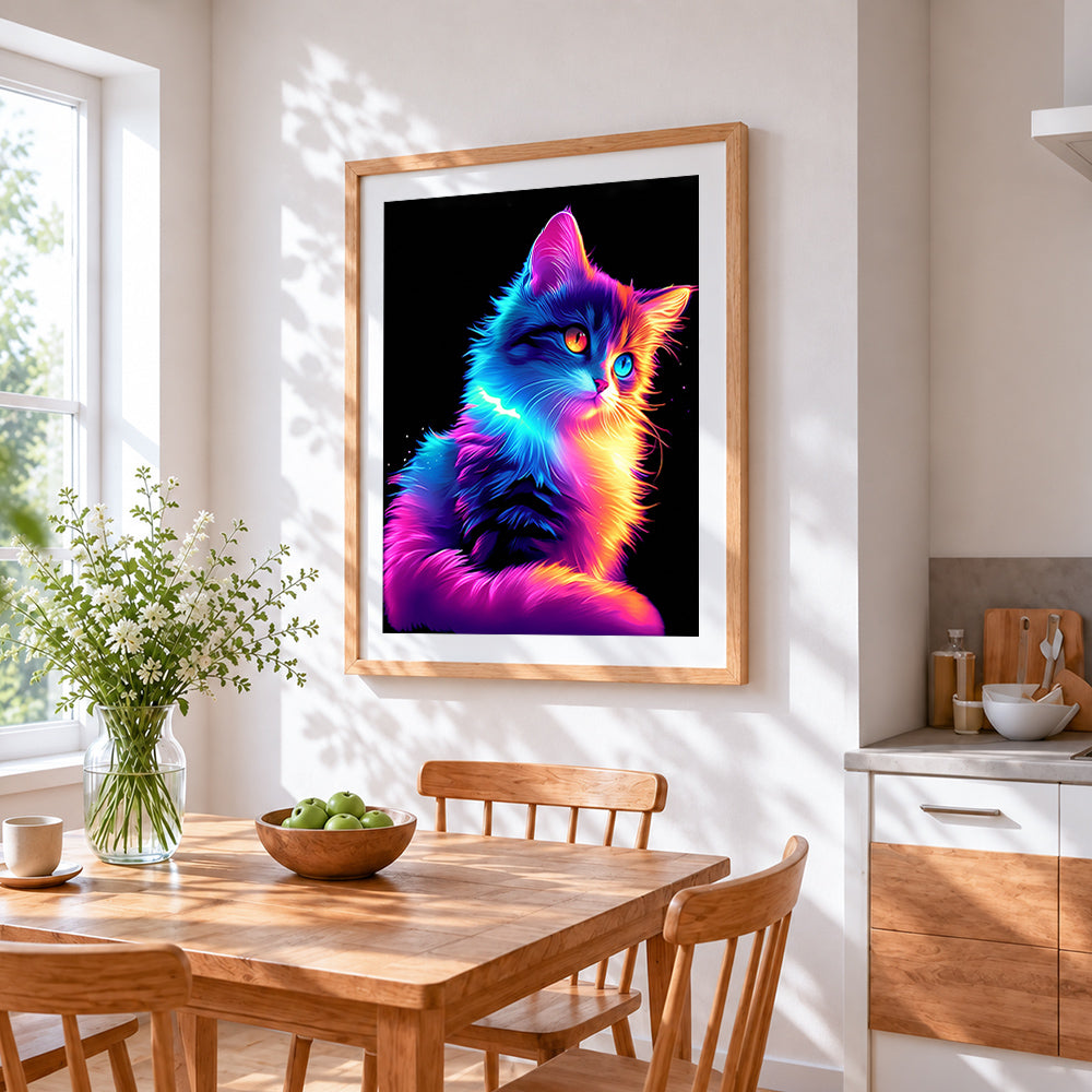 Neon rainbow cat in the dark cross stitch artwork displayed on wall as home decor