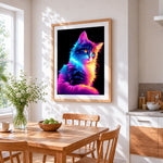 Neon rainbow cat in the dark cross stitch artwork displayed on wall as home decor