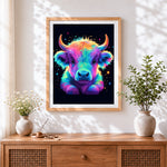 Finished neon rainbow highland cow calf paint by numbers artwork displayed as home decor